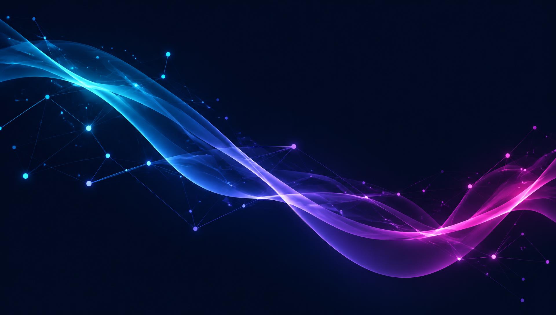 Rubans de lumière cyan, violet et rose reliés par un réseau de points, symbole de l'écosystème Veyora